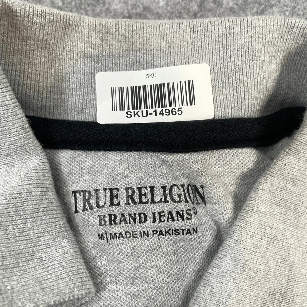 True Religion Brand Jeans Mens Polo Shirt M Gray Striped Short Sleeve Casual